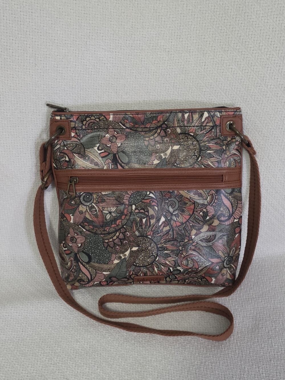 Sakroots Artist Circle Crossbody Bag Purse Coated Canvas Brown Colorful Floral